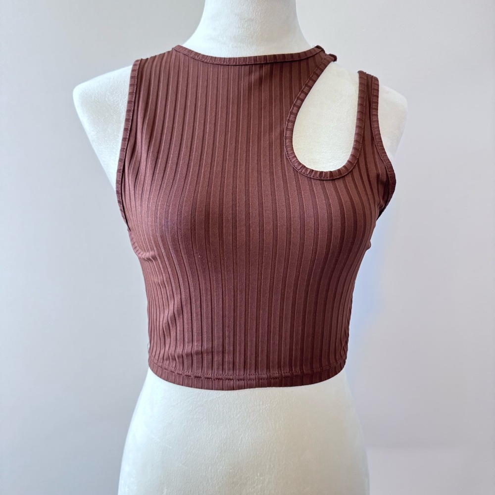 Ribbed Cutout Crop Tank Top Brown Sleeveless Stretchy Y2K Minimalist L